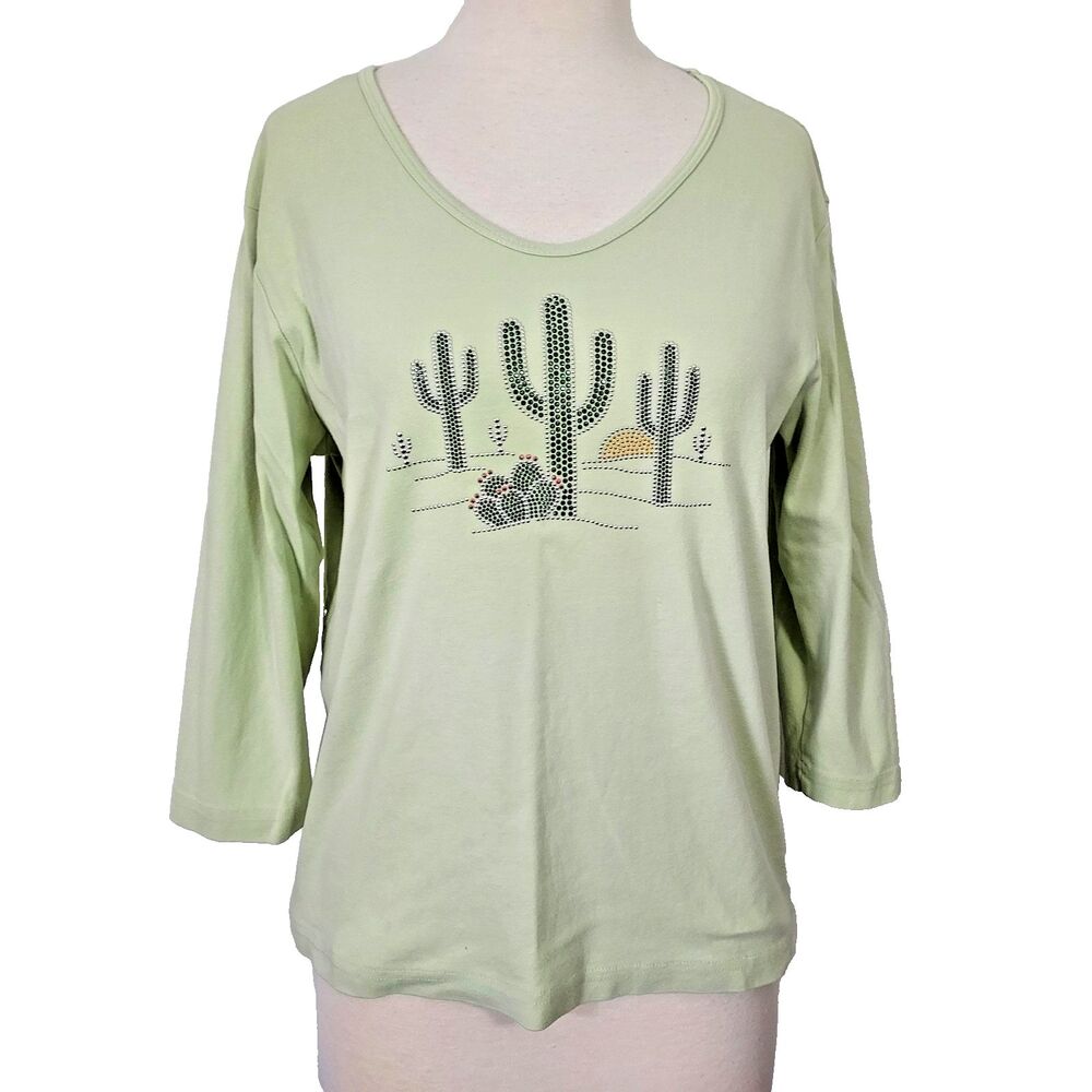 Cactus Bay T Shirt Womens size XXL Rhinestud Cactus Desert Graphic Pale Green